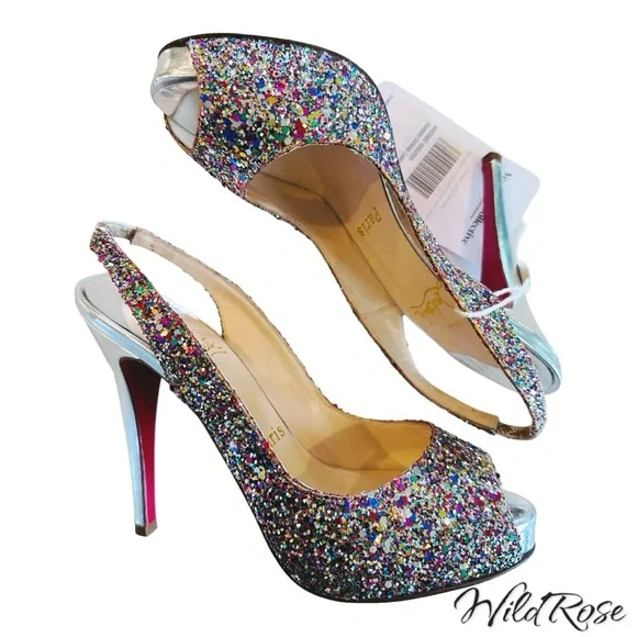 CHRISTIAN LOUBOUTIN Sparkle Confetti Glitter Prive Slingback Pump Sandals SZ 36